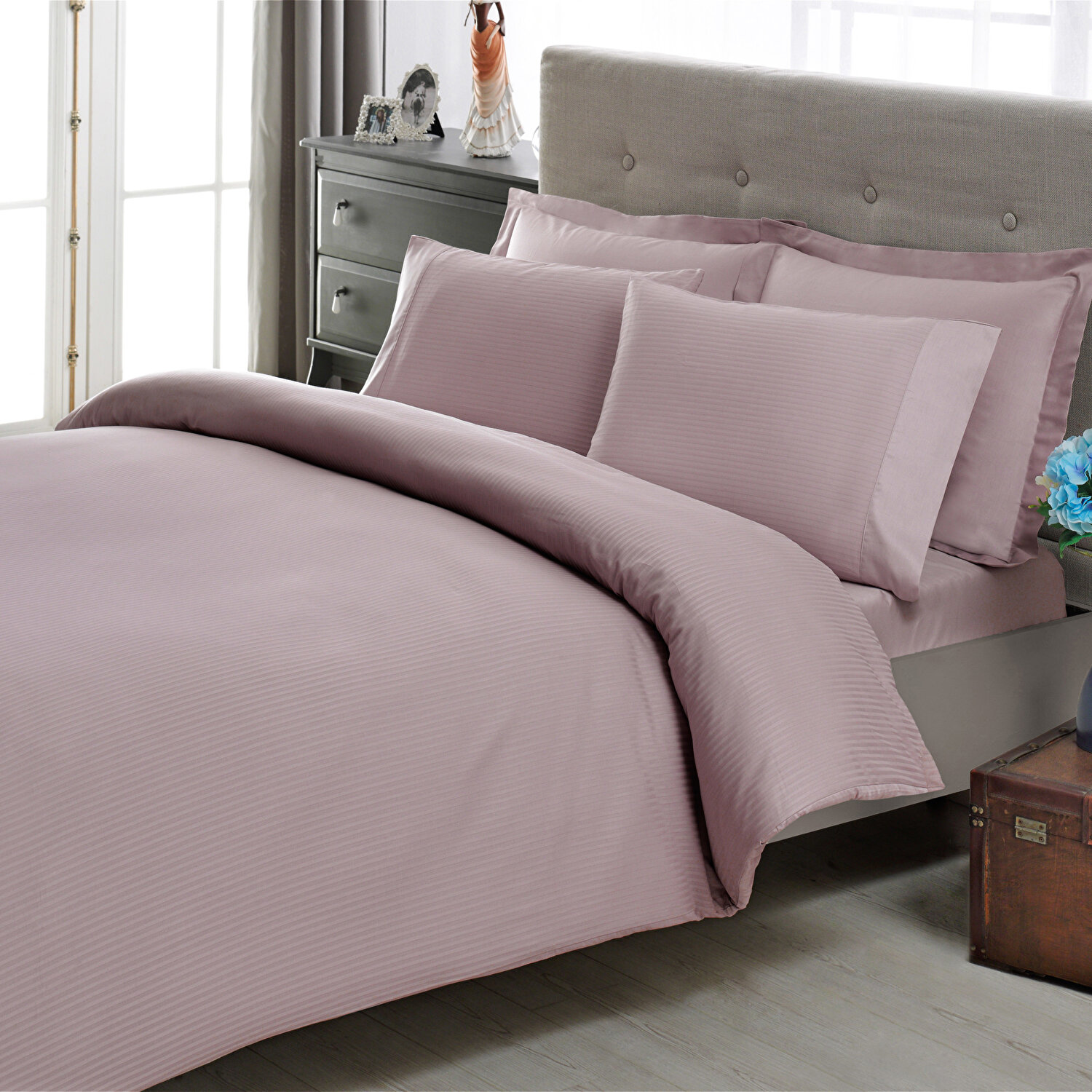 Taç Stripe Premium Basic King Size Nevresim Takımı Lila