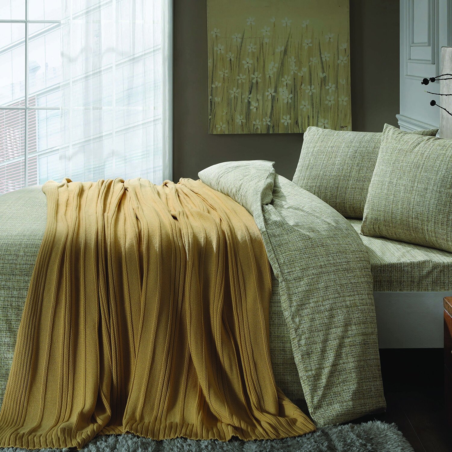 Taç Çift Kişilik Triko Battaniyeli Nevresim Seti Hardal