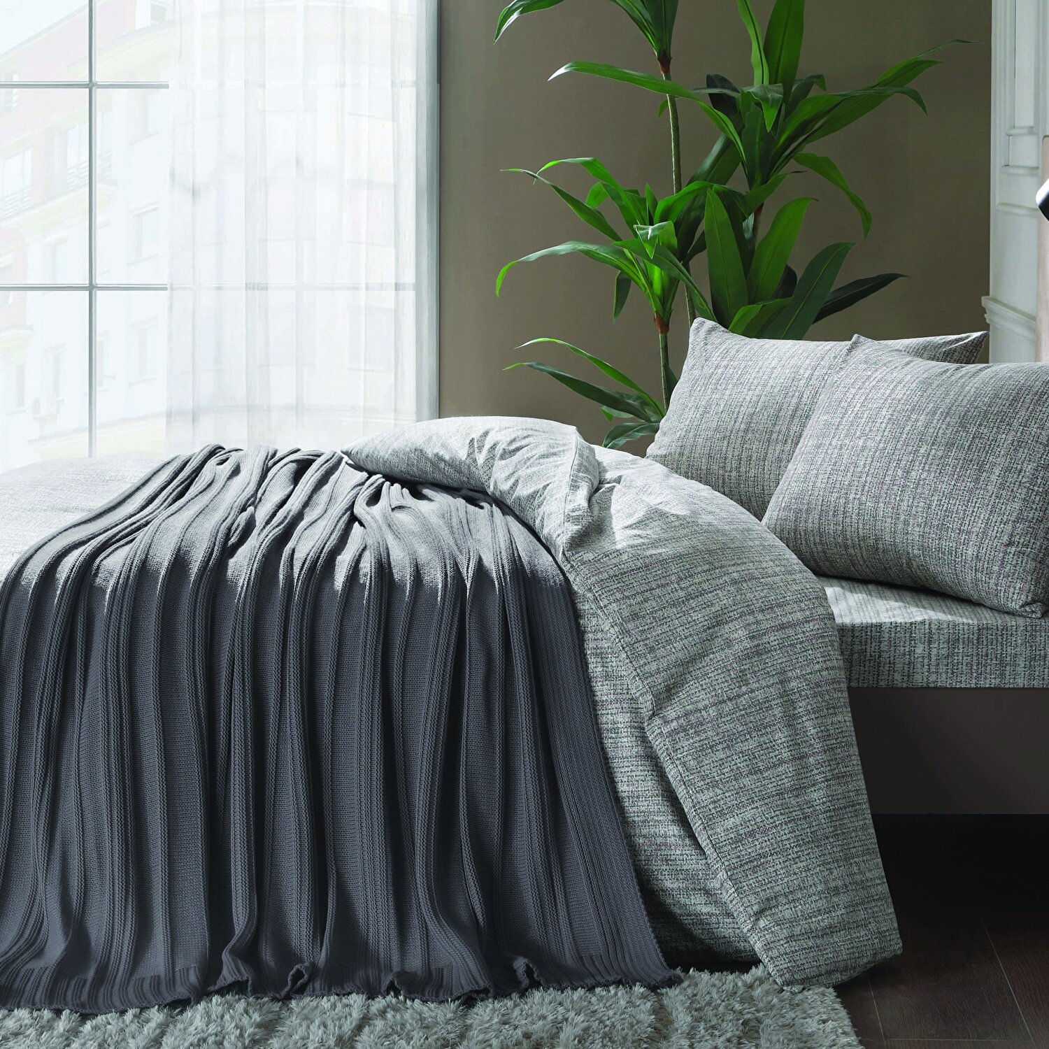 Taç Tek Kişilik Triko Battaniyeli Nevresim Seti Gri