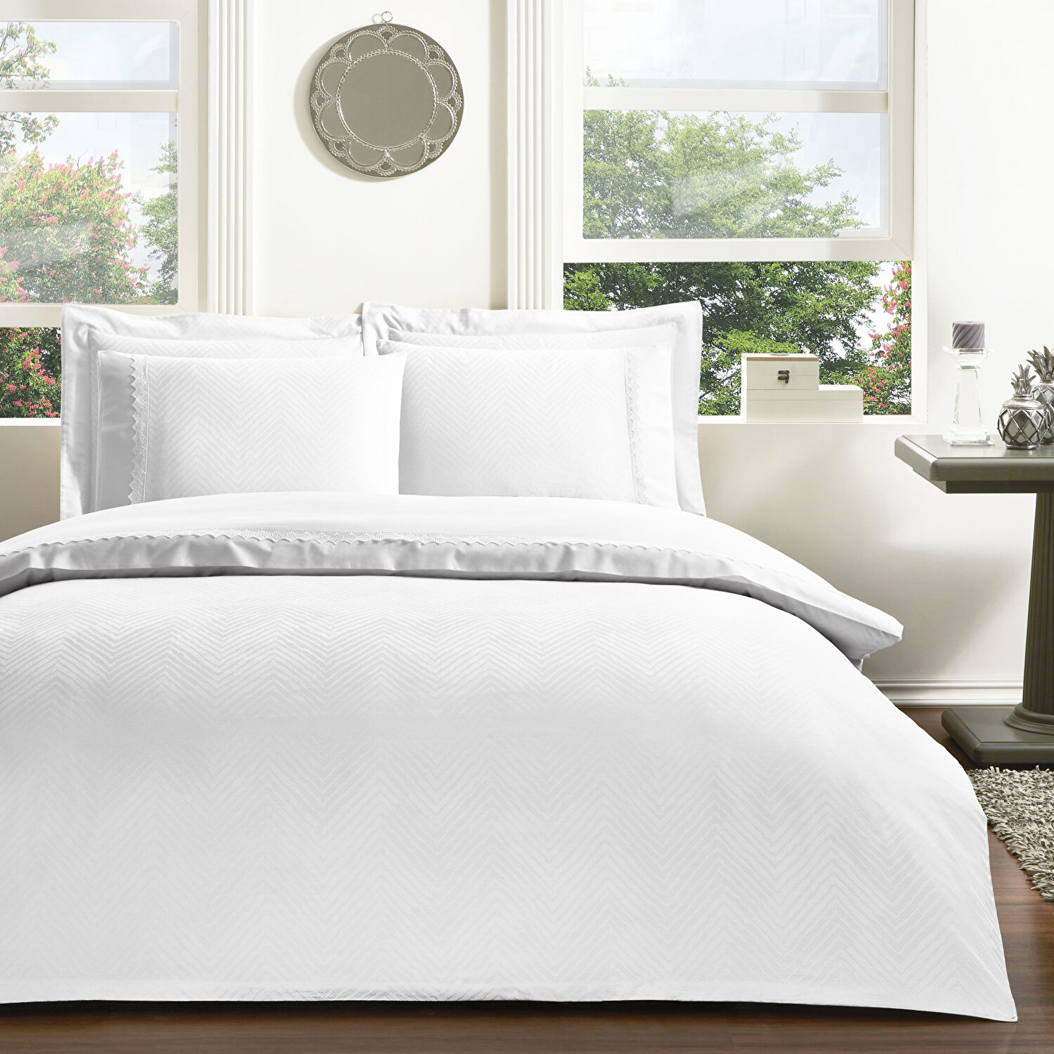 Taç Sambre Jakar Çift Kişilik Nevresim Takımı Beyaz