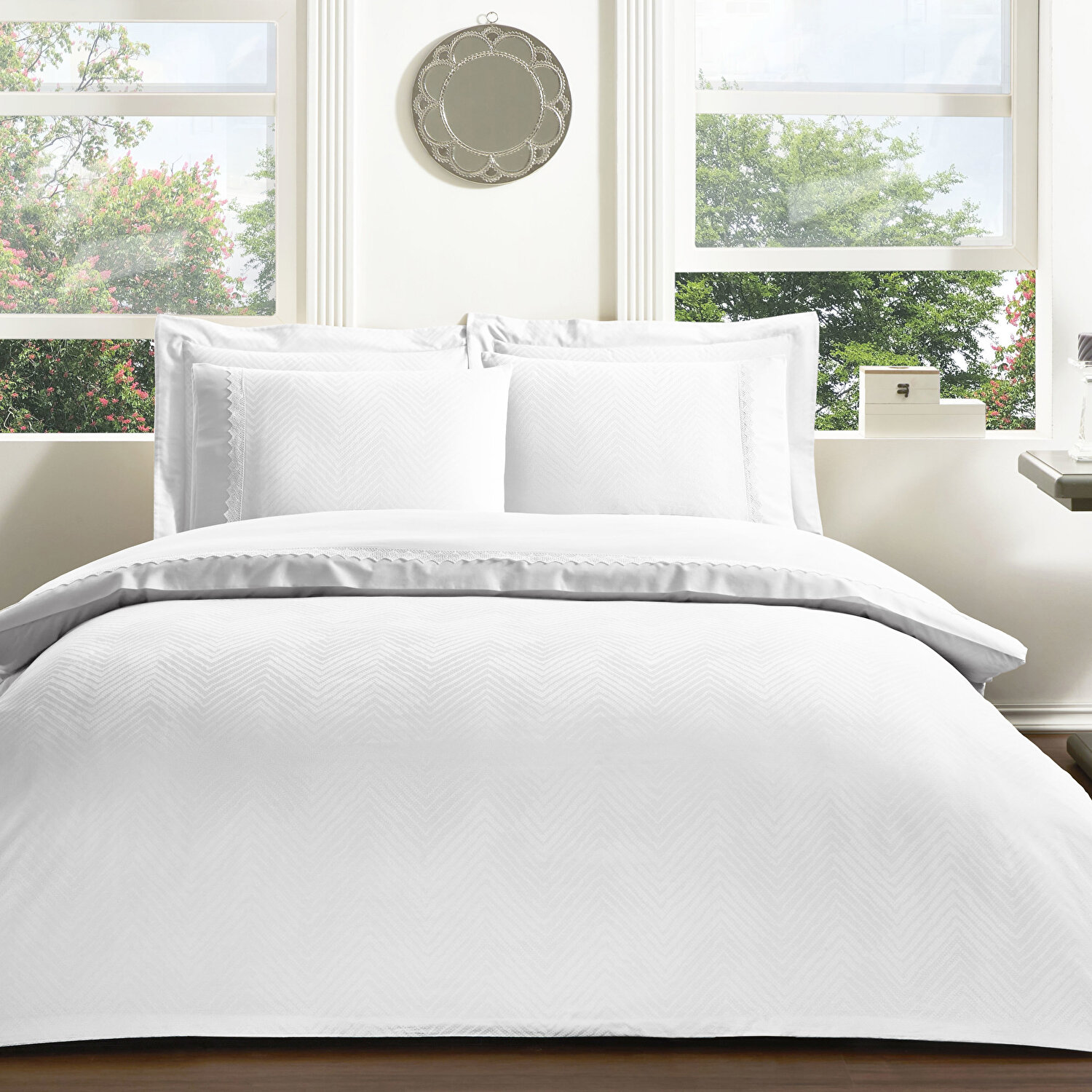 Taç Sambre Jakar Çift Kişilik Nevresim Takımı Beyaz