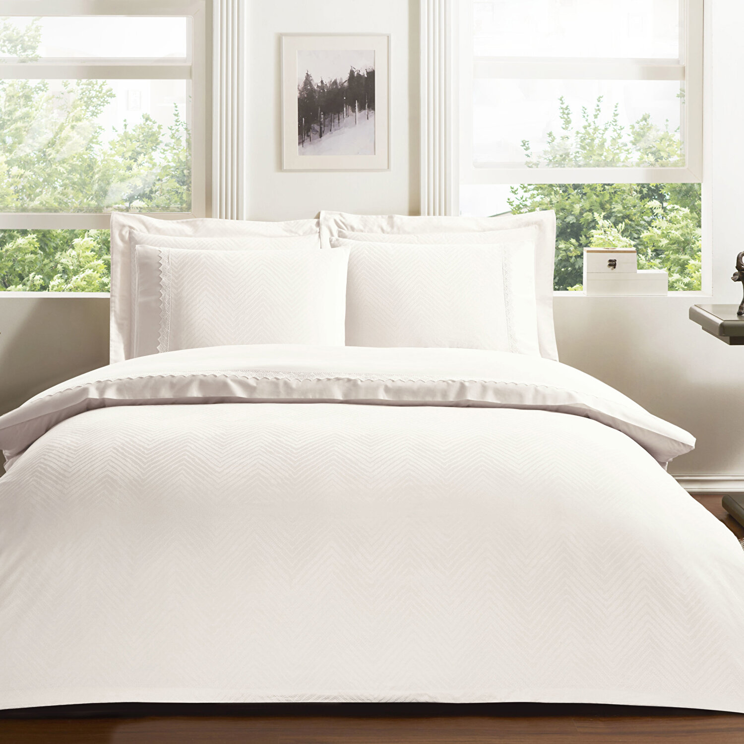 Taç Sambre Jakar Çift Kişilik Nevresim Takımı Ekru