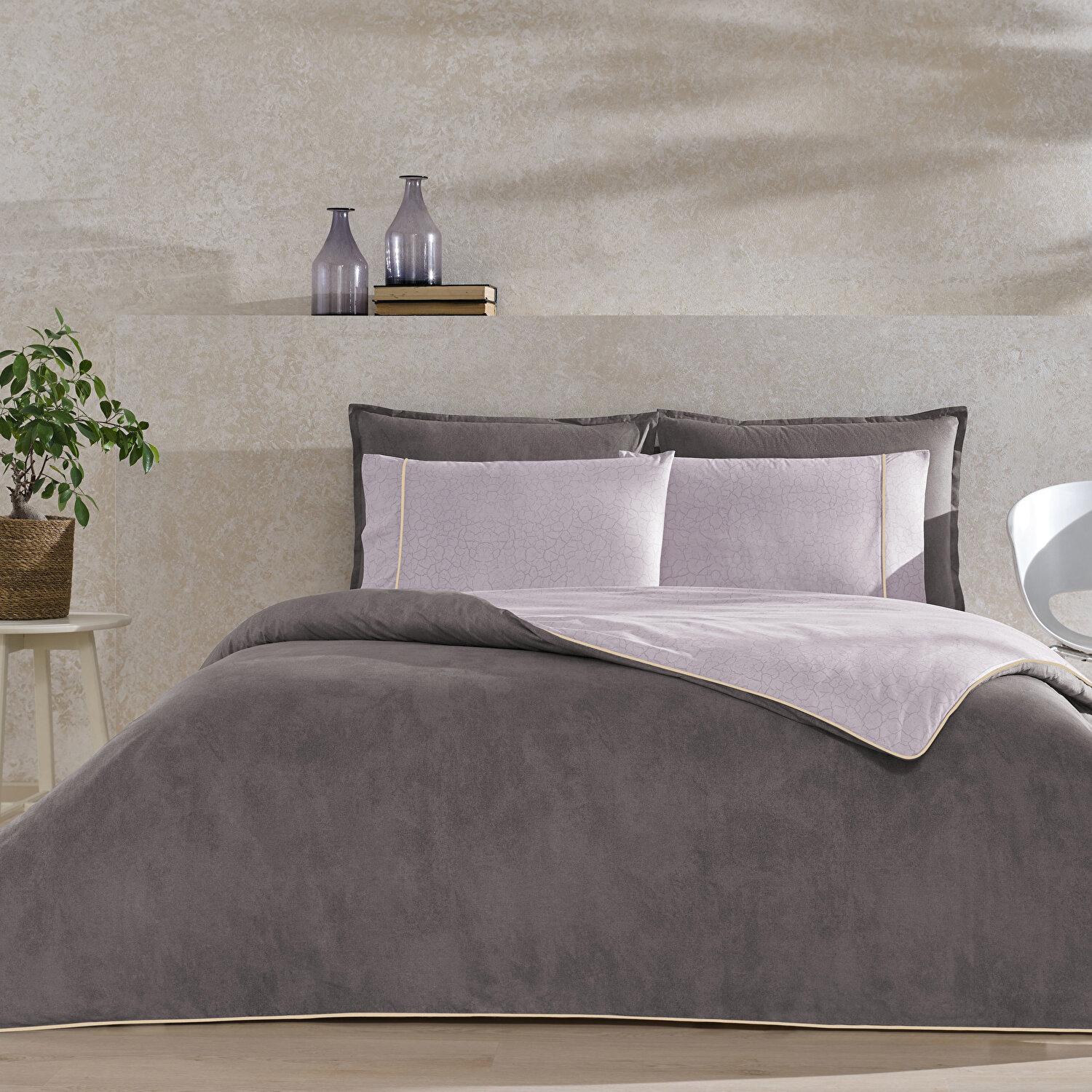 Taç Riven Biyeli Çift Kişilik Nevresim Takımı Gri