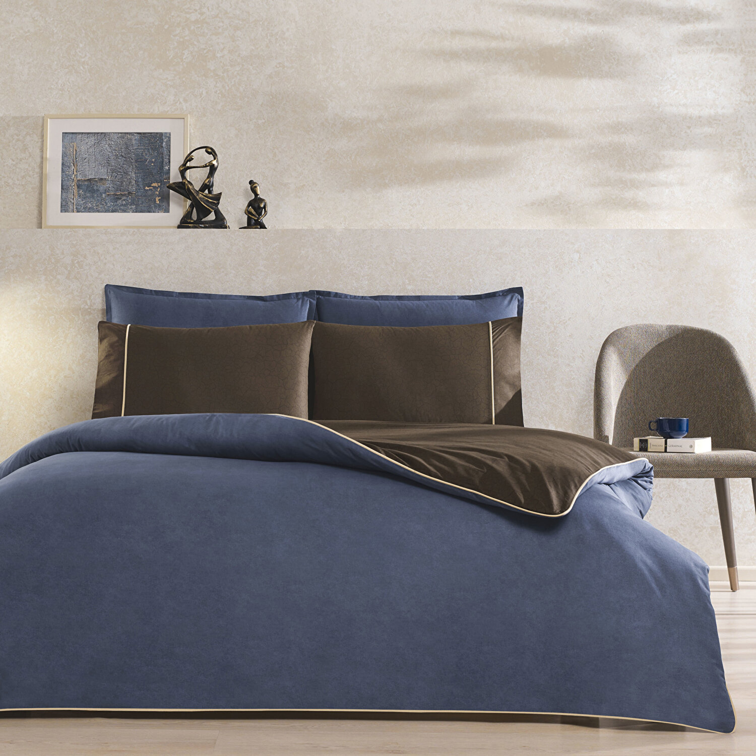 Taç Riven Biyeli Çift Kişilik Nevresim Takımı Lacivert