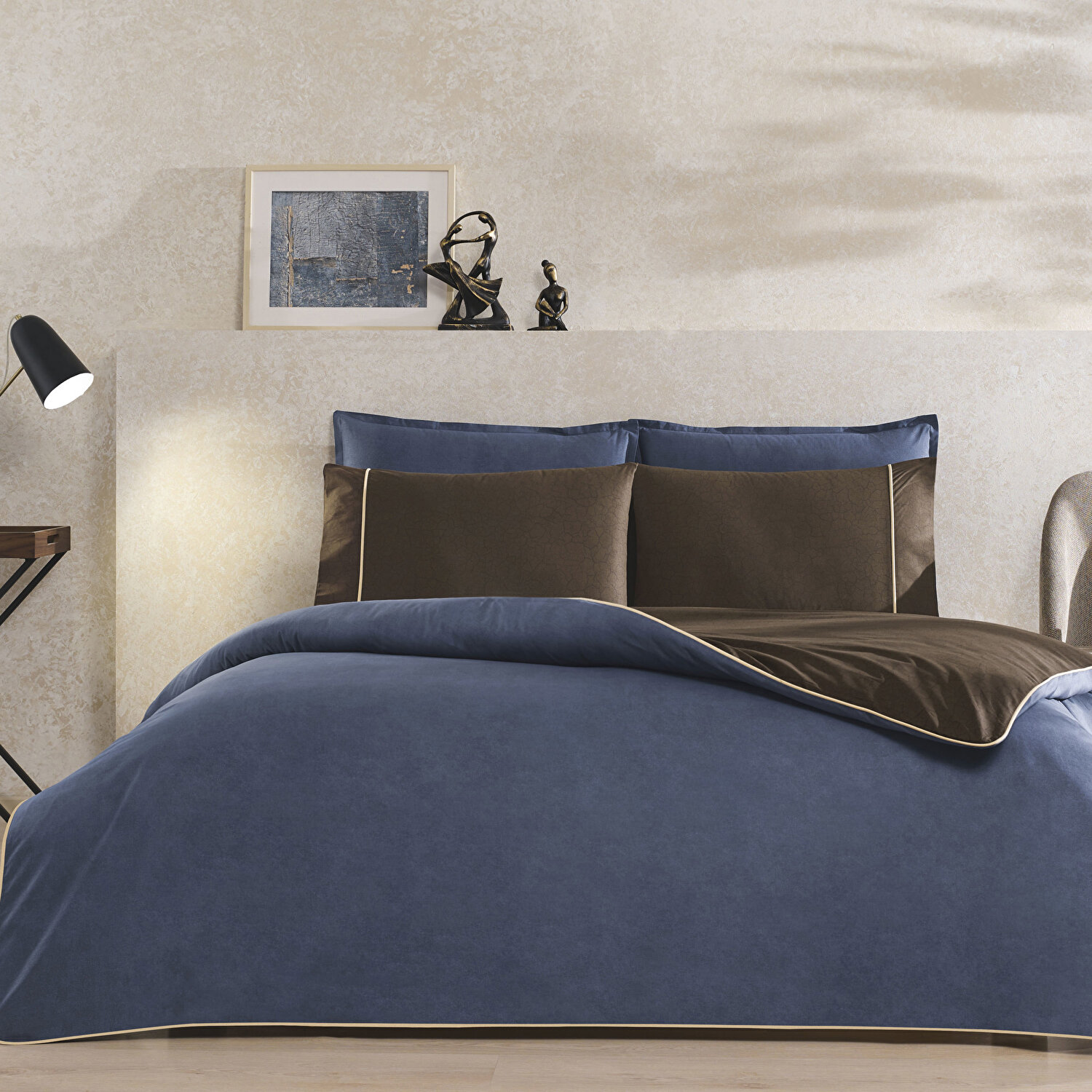 Taç Riven Biyeli Çift Kişilik Nevresim Takımı Lacivert