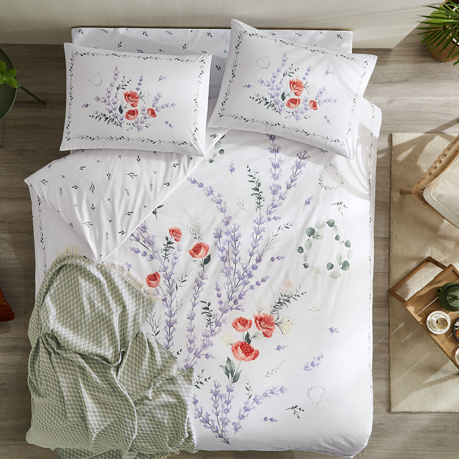 Taç Sunshine Ranforce Çift Kişilik Throwlu Nevresim Seti Yeşil-2'li Fincan Hediye