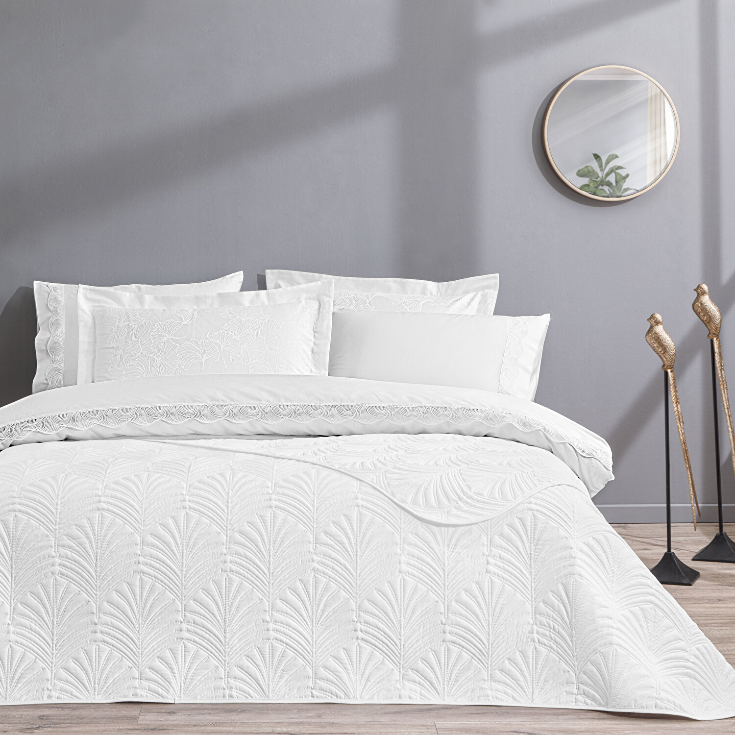 Taç Eleanor Yatak Örtülü Çift Kişilik Nevresim Seti Beyaz