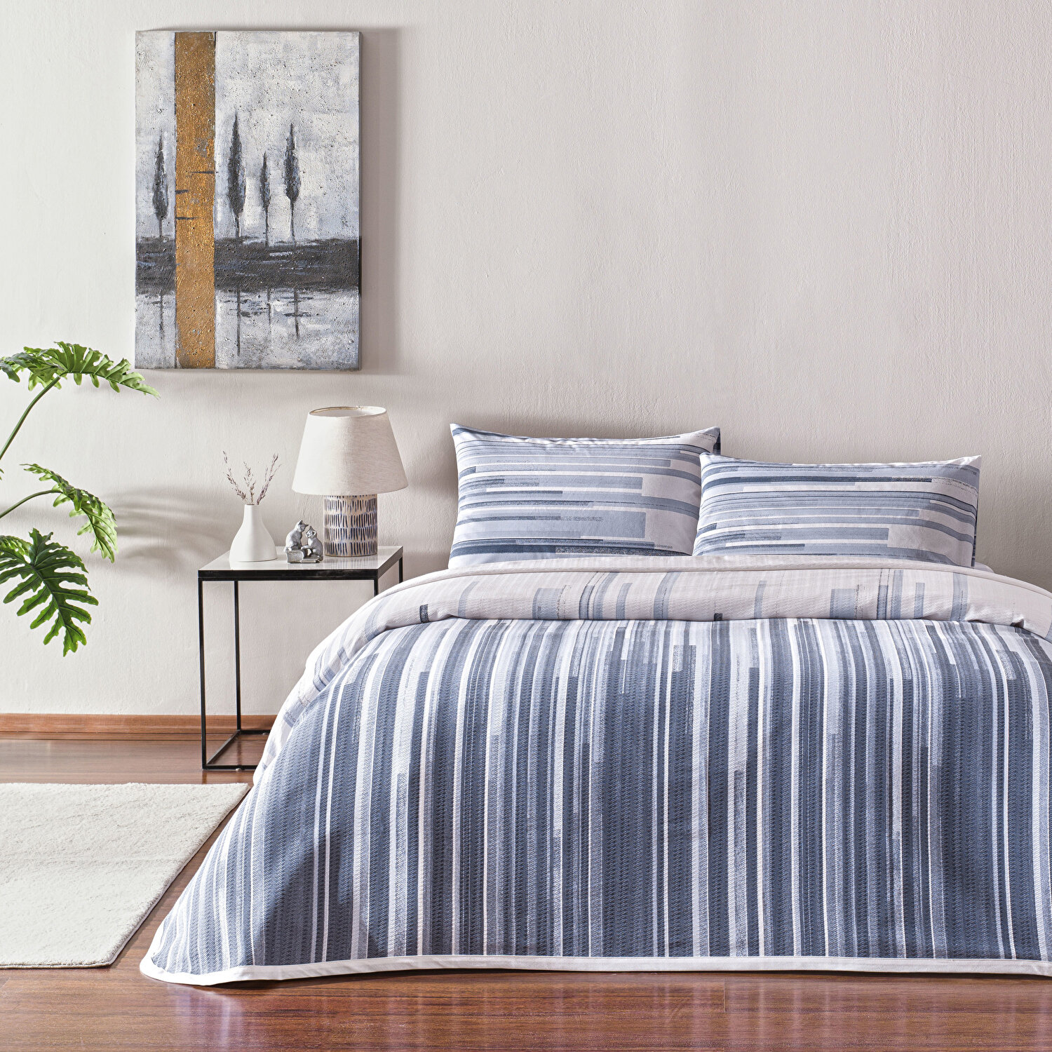 Taç Baskılı Grid Tek Kişilik Pike Takımı Mavi