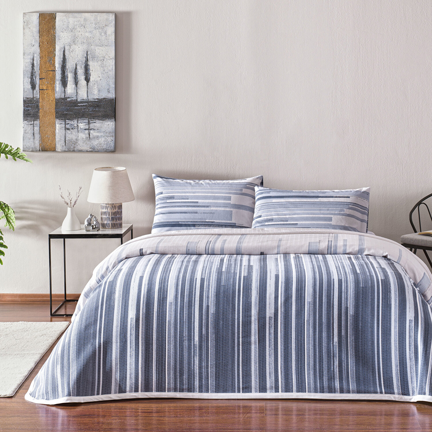 Taç Baskılı Grid Tek Kişilik Pike Takımı Mavi