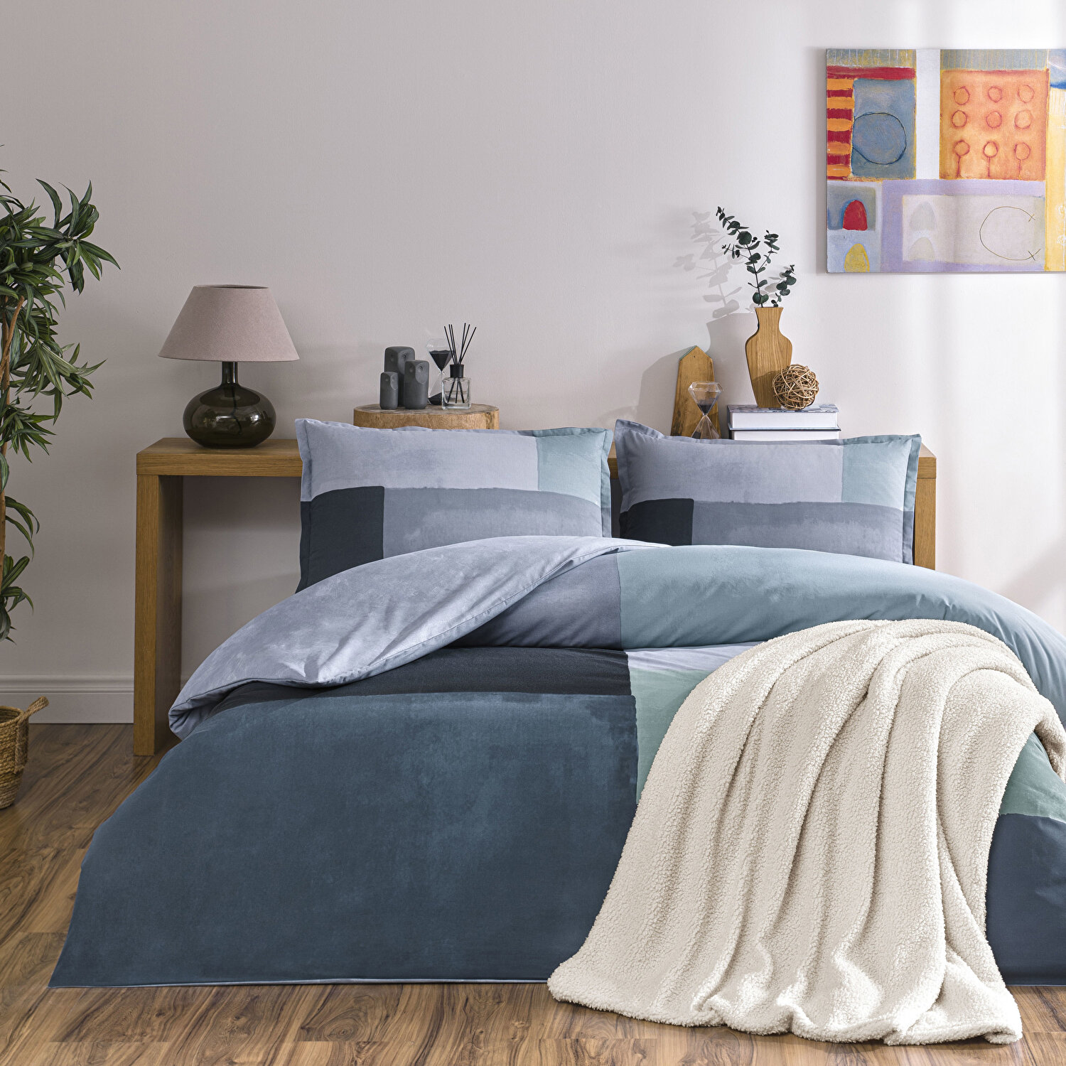 Taç Larive Ranforce Tek Kişilik Battaniyeli Kış Seti Mavi