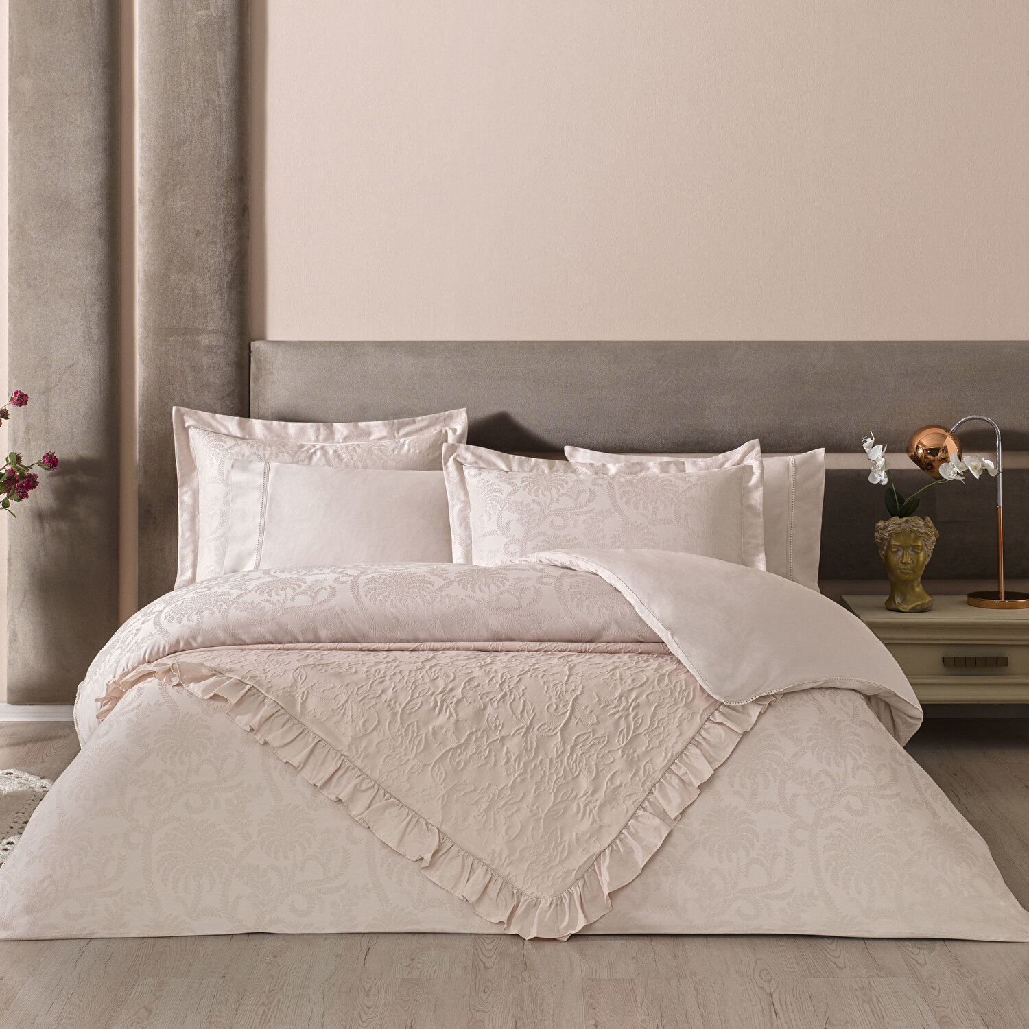 Taç Odette Yatak Örtülü Çift Kişilik Nevresim Seti Pudra
