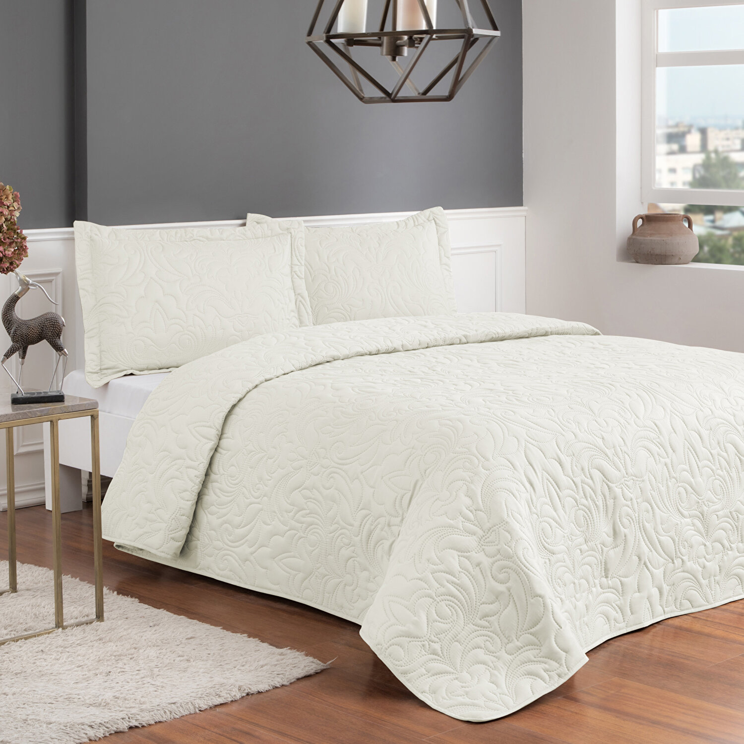 Taç Gala Çift Kişilik Yatak Örtüsü Seti Ekru