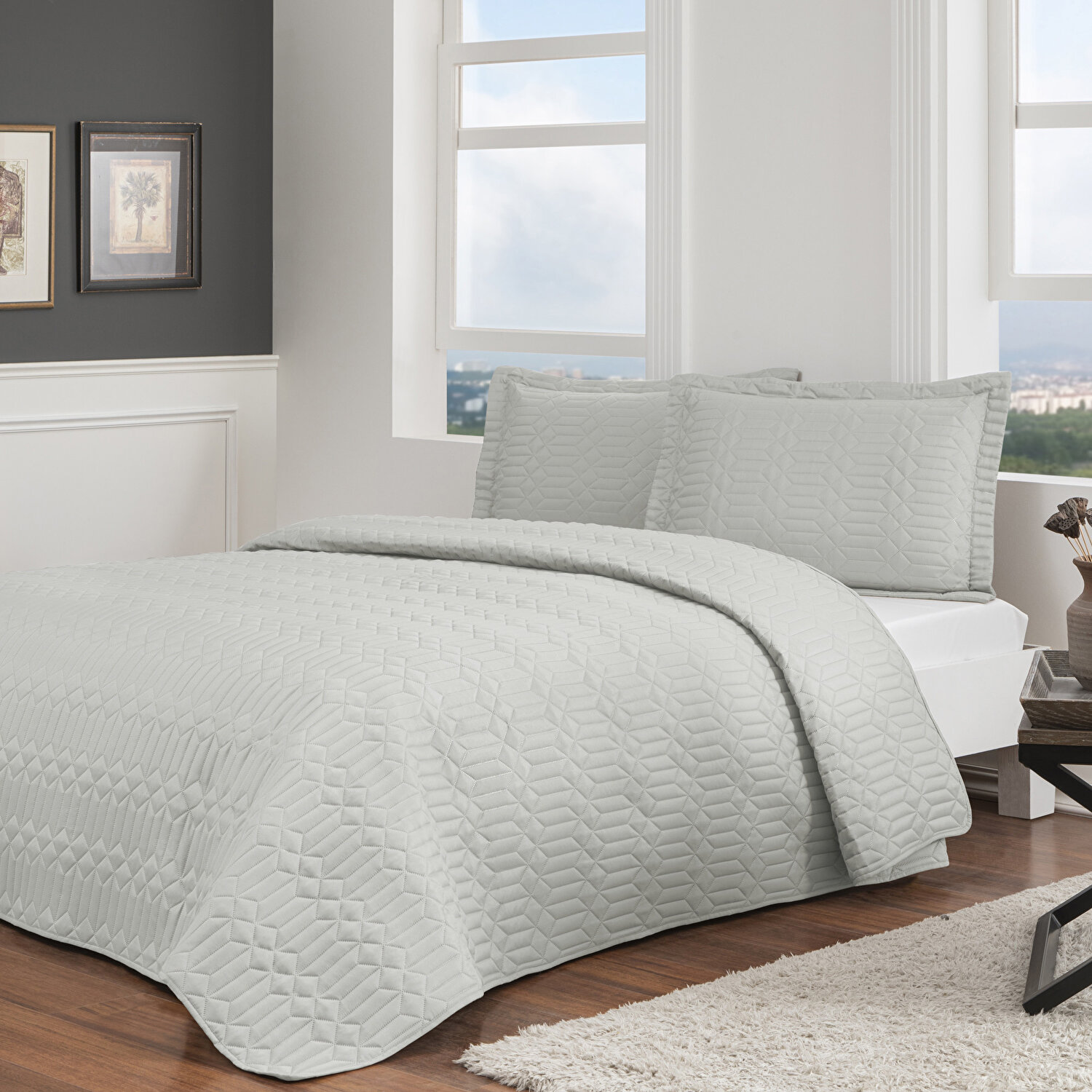 Taç Parley Çift Kişilik Yatak Örtüsü Seti Gri