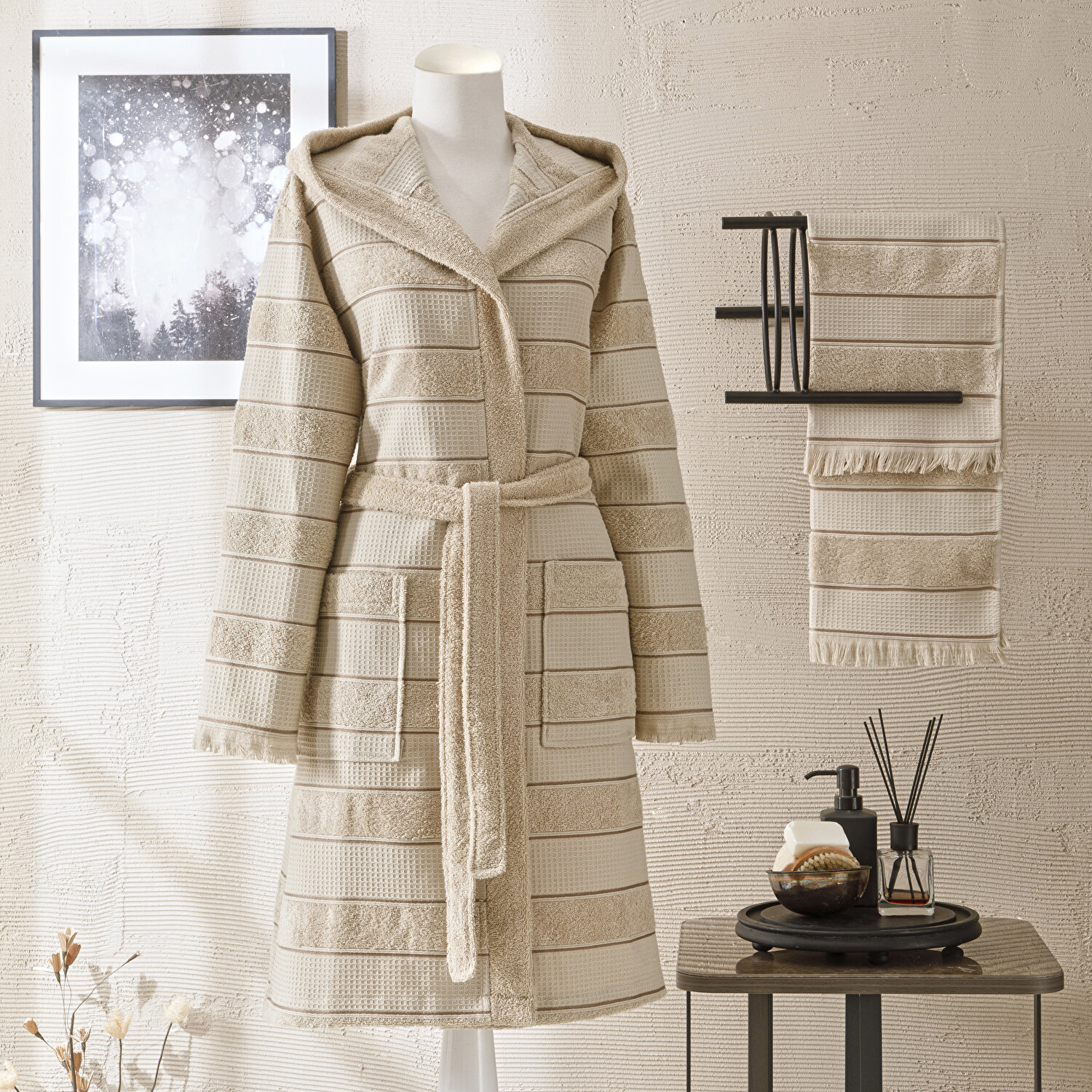 Taç Casual Pamuk Bornoz Set Bej S/M