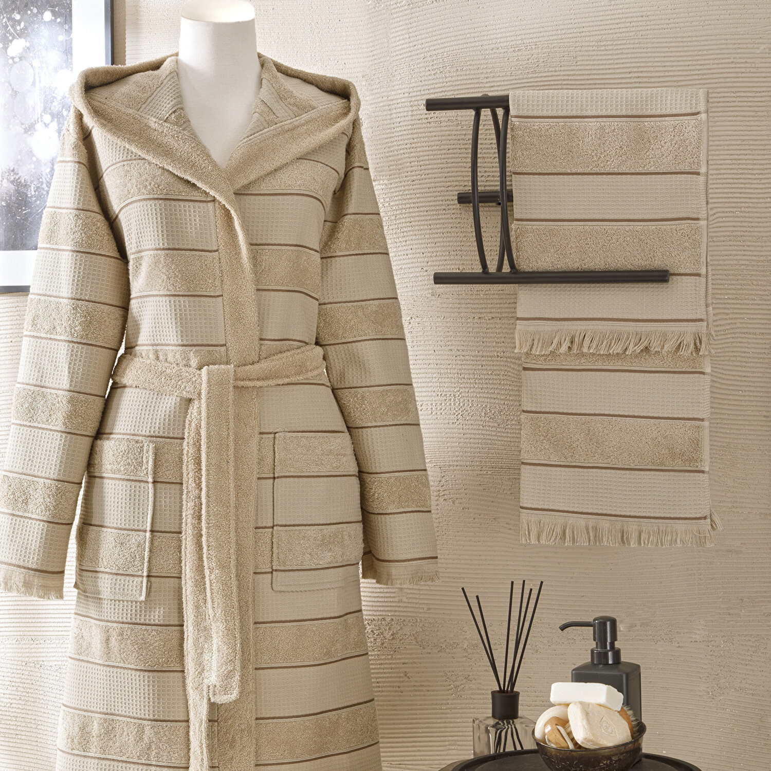 Taç Casual Pamuk Bornoz Set Bej S/M