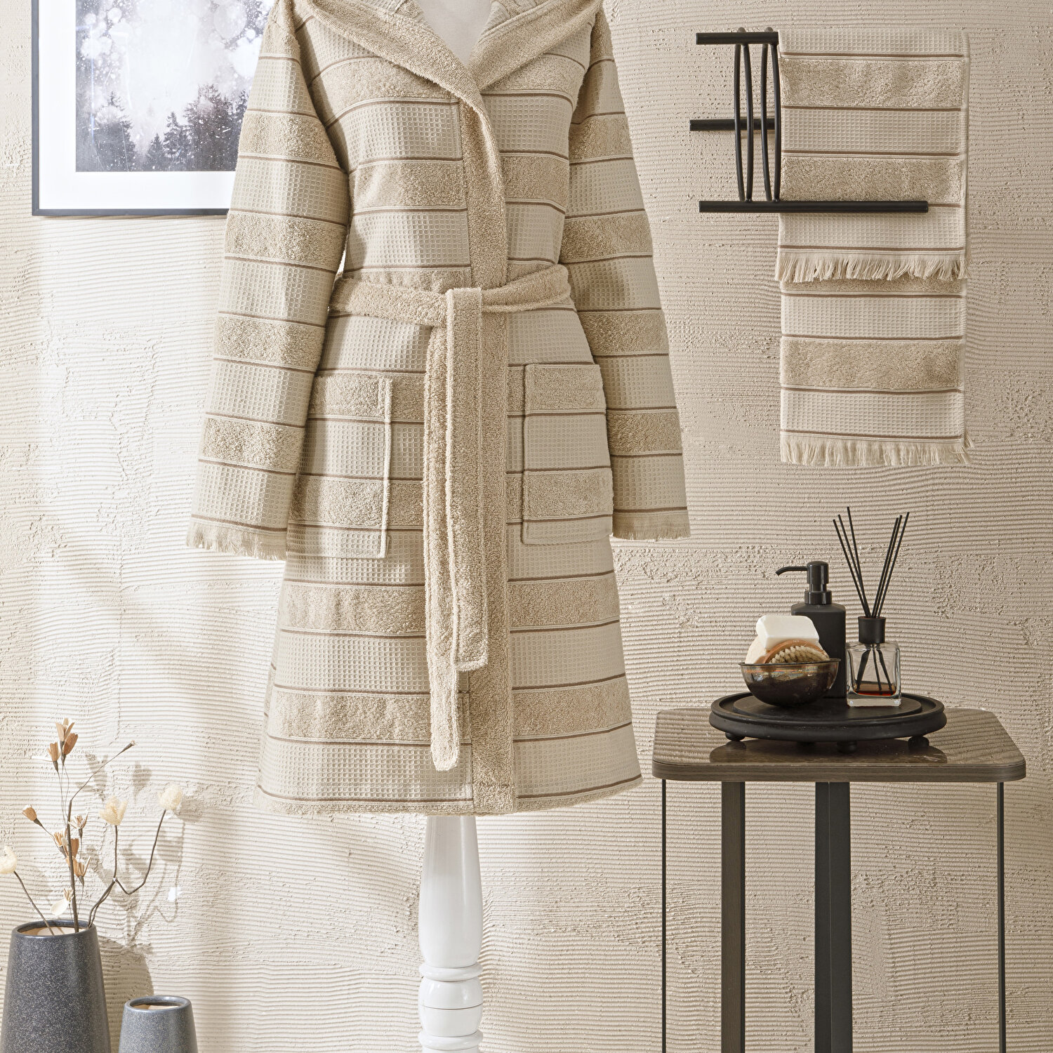 Taç Casual Pamuk Bornoz Set Bej S/M