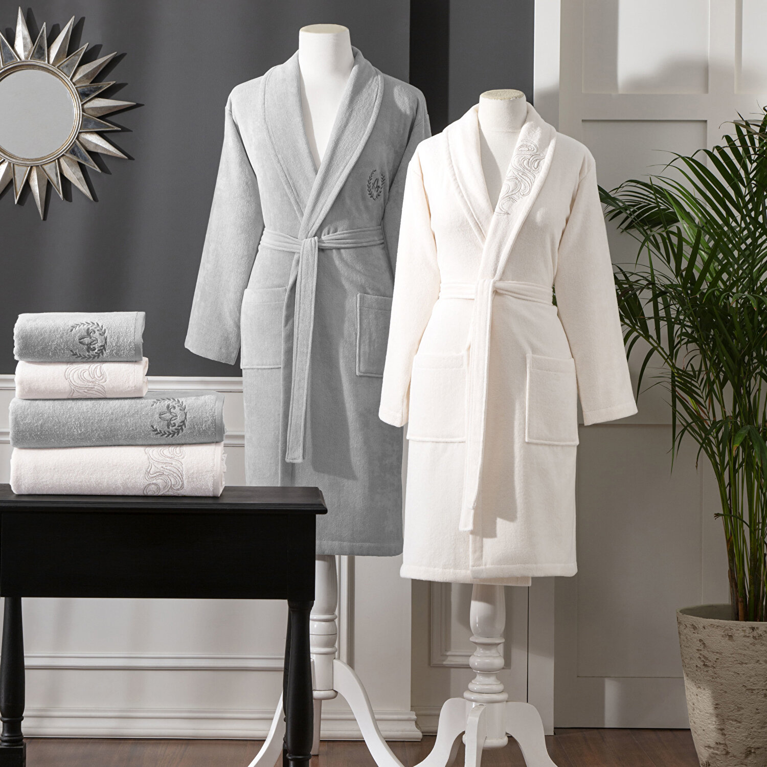 Taç Margaret Pamuk Aile Bornoz Seti Ekru Gri