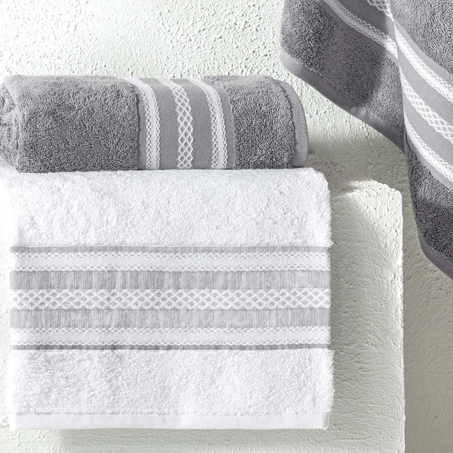 Taç Rope Pure Cotton Pamuk Hamam Seti Beyaz Antrasit