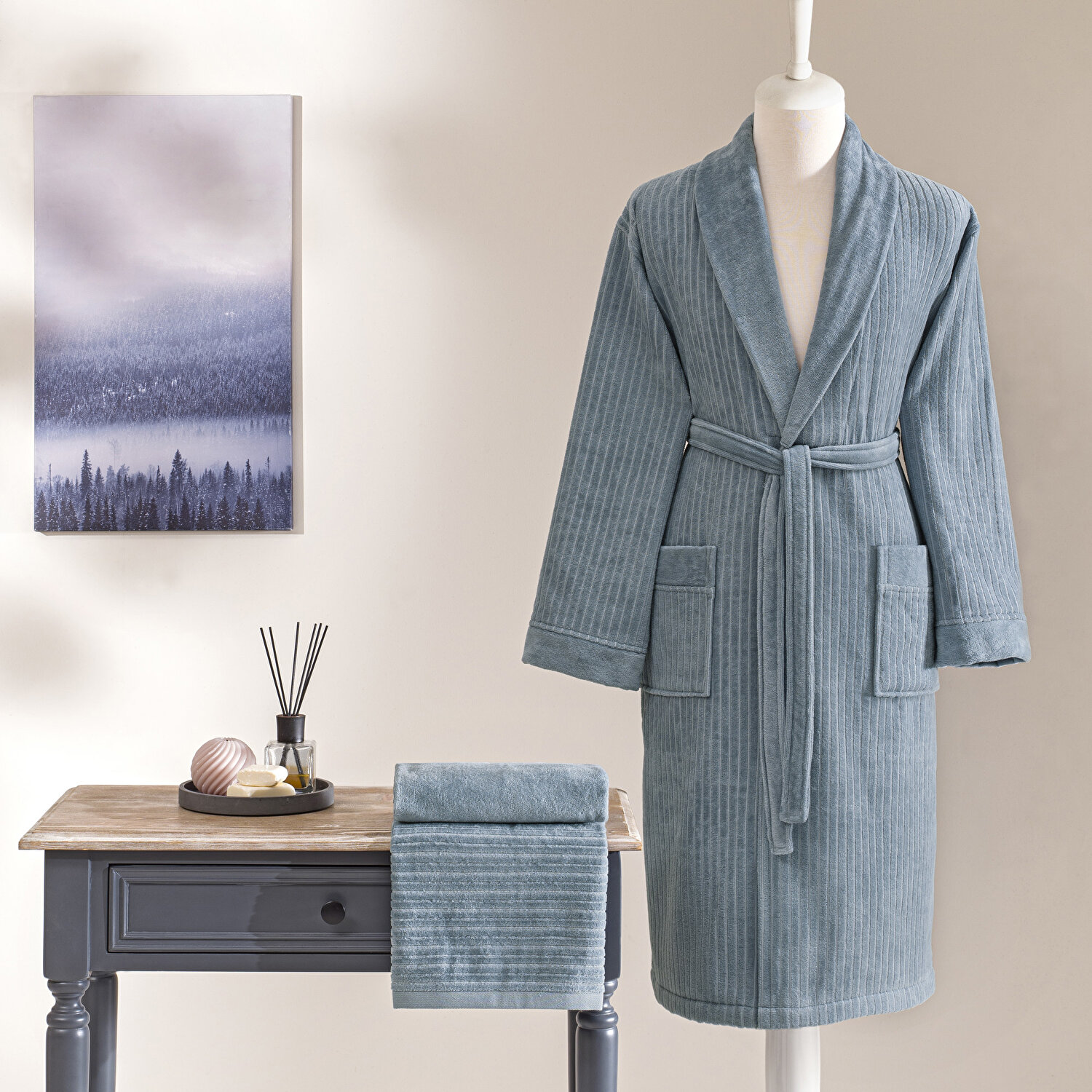 Taç Ritmo Pamuk Bornoz Seti Mavi M