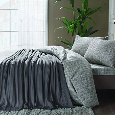 Taç Tek Kişilik Triko Battaniyeli Nevresim Seti Gri