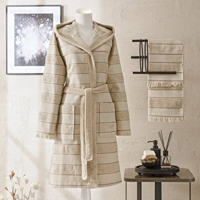 Taç Casual Pamuk Bornoz Set Bej S/M