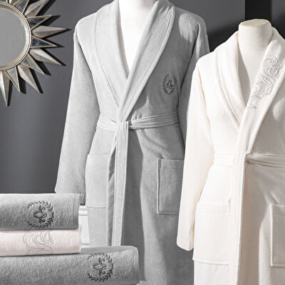 Taç Margaret Pamuk Aile Bornoz Seti Ekru Gri